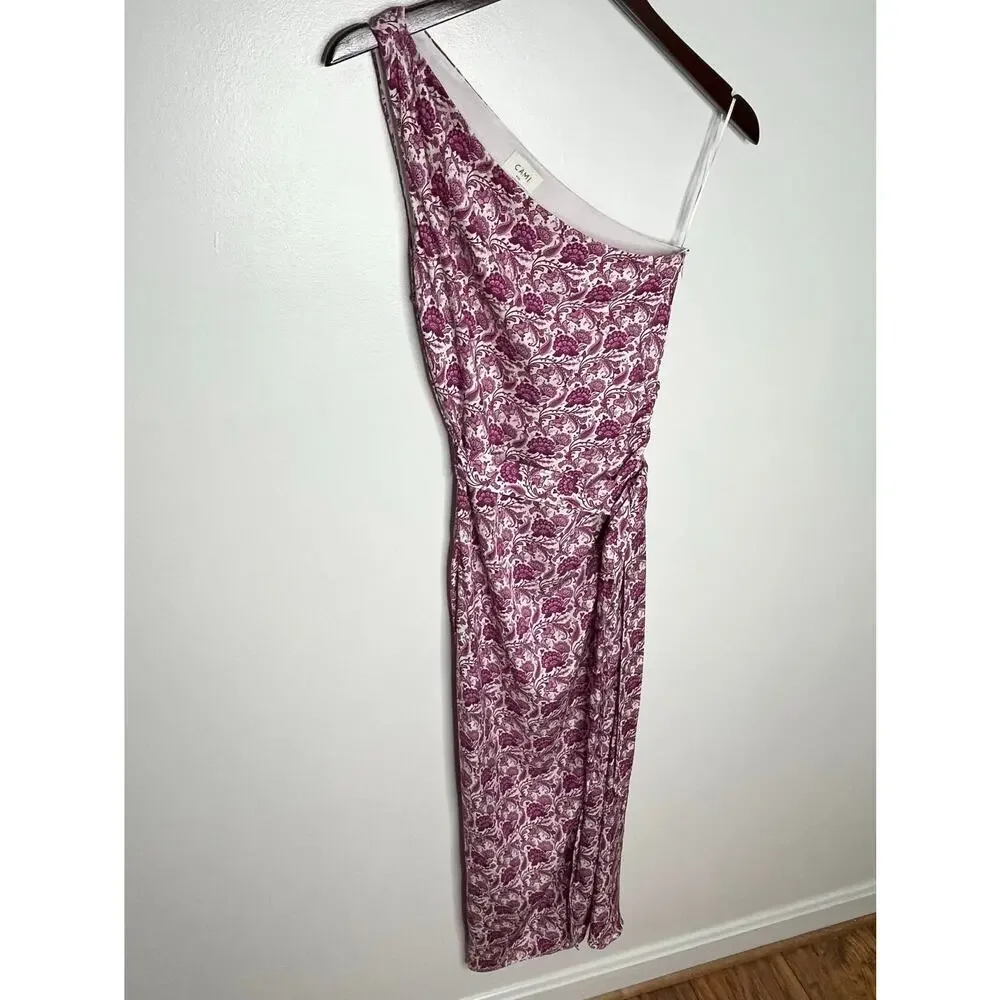 Cami NYC Nanu One Shoulder Midi Dress Womens 4 Pink Floral Slit Cocktail Party - Picture 4 of 11